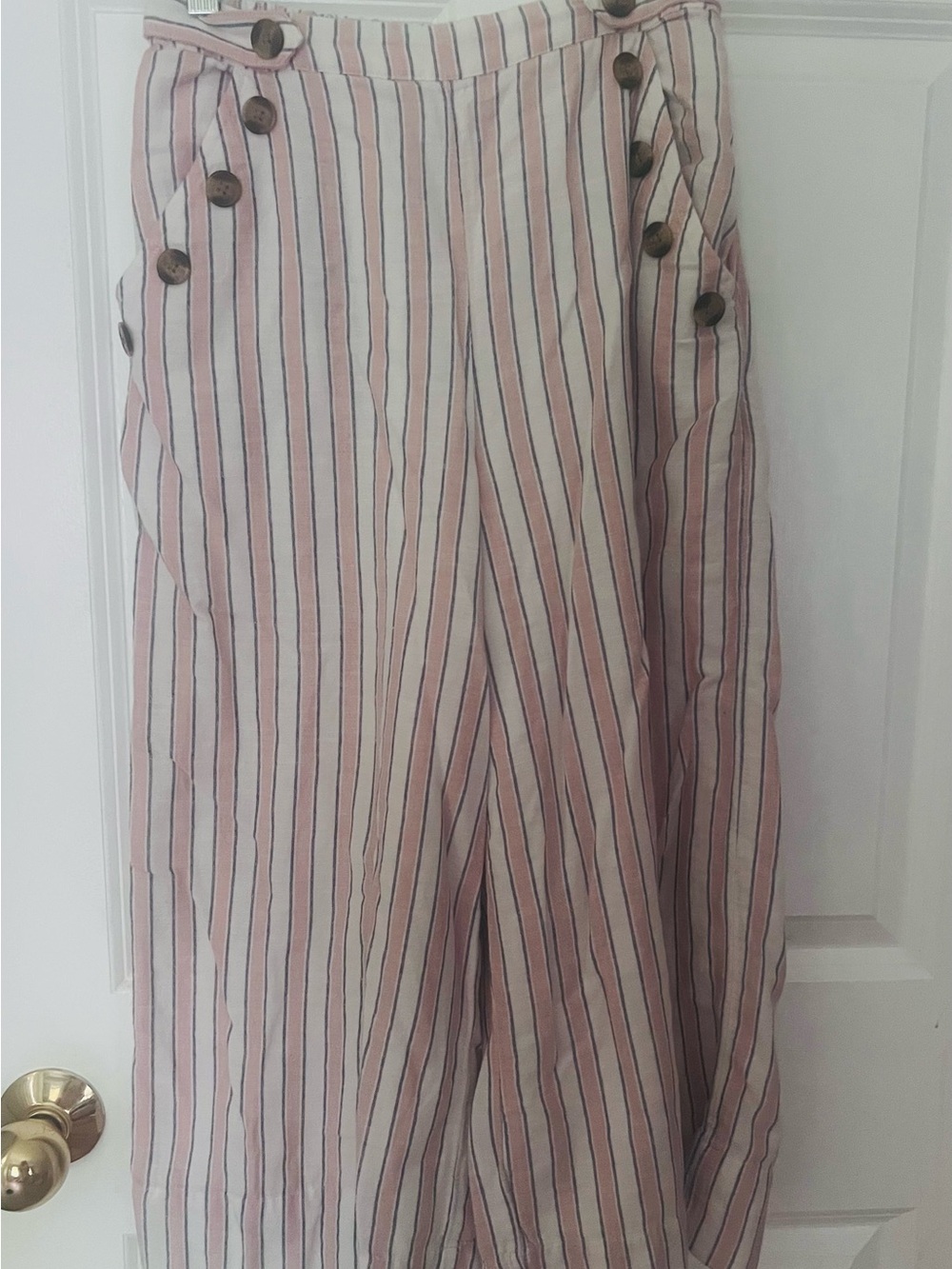 Striped Pink and White Button-Accent Crop Pants